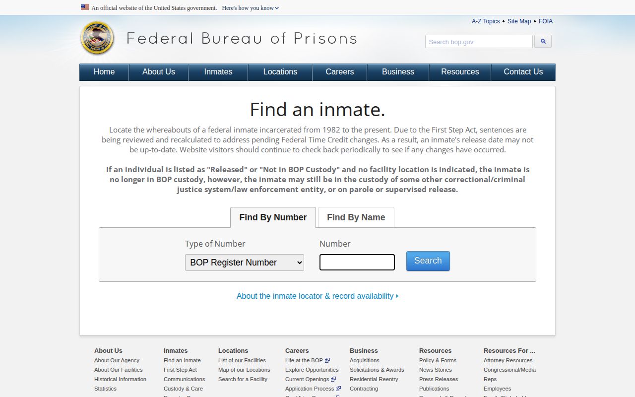 Stanton County federal inmate record search through the BOP locator