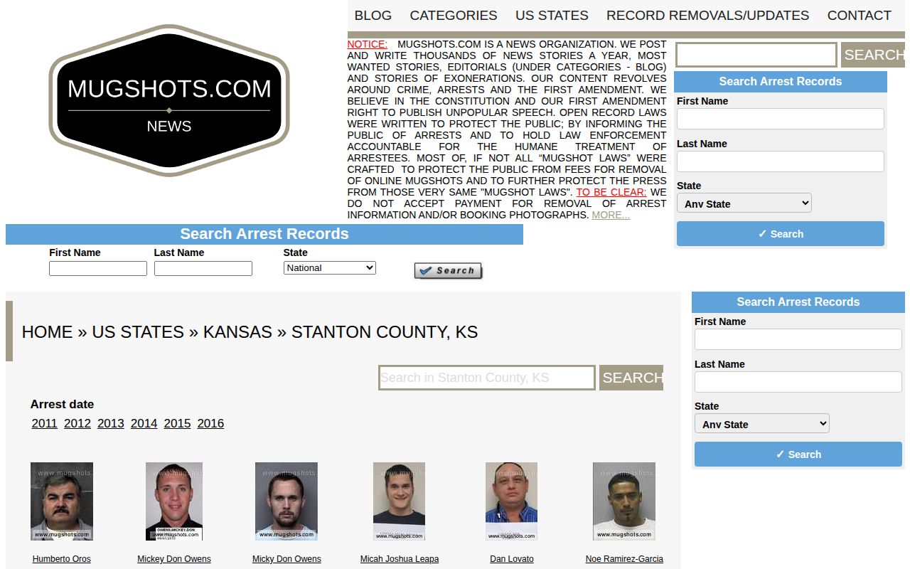 Unofficial Stanton County mugshot archive interface for arrest news context